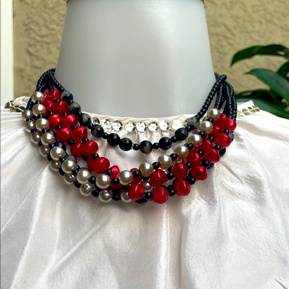Vintage 80’s Red/Black/Silver Beaded Necklace
